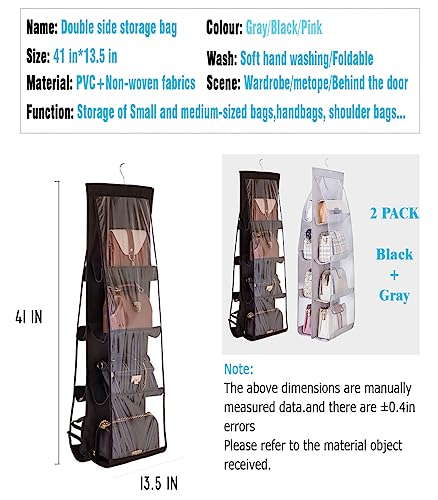 AARAINBOW 2 Packs Hanging Handbag Purse Organizer, Handbag Organizer for Closets, 8 Easy Access Pockets, Womens Purse Storage Organizers, Wardrobe Closet Organizers, 46 L x 13.8W (B Black Gray) - color: B Black Gray