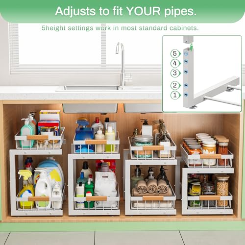Under Sink Organizer, 2 Pack 2 Tier Expandable Height Under-Sink Bathroom Kitchen Organizers And Storage