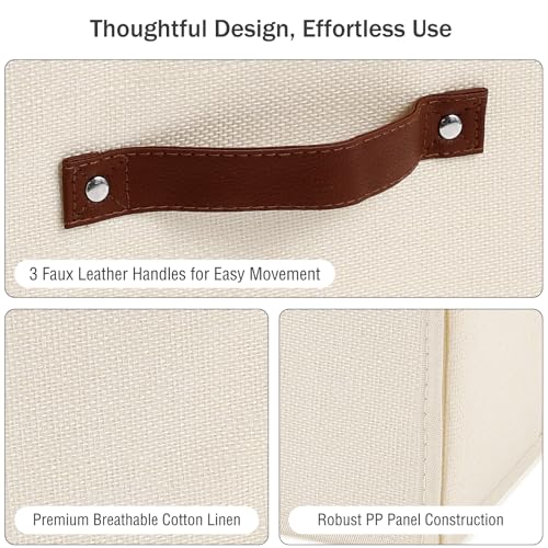 2PCS Storage Bins Box with Lids Front Opening Window Decorative Cotton Linen Fabric Basket PU Leather Handles PP Board Foldable Washable Shelf Closet Organizer Container (Beige, Small) - color: Beige, size: Small ( Pack of 2 )