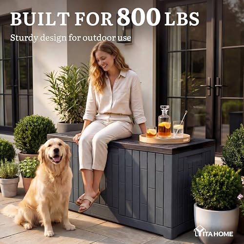 YITAHOME Large Outdoor Storage Box, 120 Gallon Waterproof Resin Deck Box w/Slide-Locking Black Lid, Patio Storage Bin and Bench Seat for Garden Tools, Cushions &Pool Supplies, Easy Assembly, Dark Gray - color: Dark Gray, size: 120 Gallon, style: Deck Box