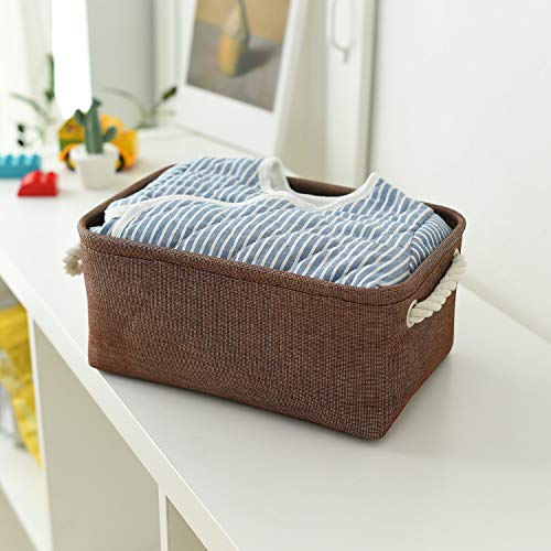 TheWarmHome Small Fabric Canvas Storage Bin with Cotton Rope Handles - Foldable Empty Basket for Gift (Brown-1 Pack,11.8L7.9W5.2H inch) - color: Brown, size: Small -11.8Lx7.9Wx5.2H