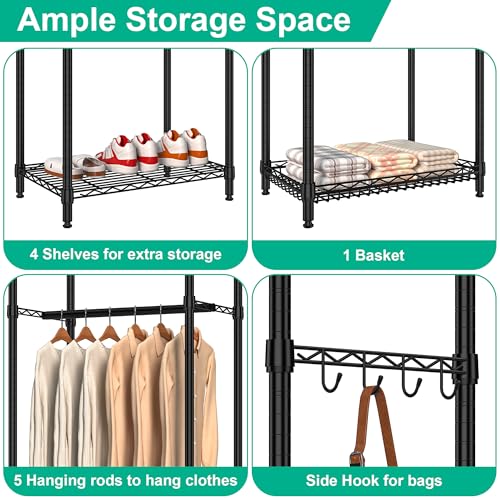 Folews Freestanding Closet System, Large Free Standing Closet Rack Organizer for Hanging Clothes Adjustable Metal Wire Clothing Rack with 5 Shelves & 5 Rods, Black - size: 15.3"D x 69.3"W x 70.8"H