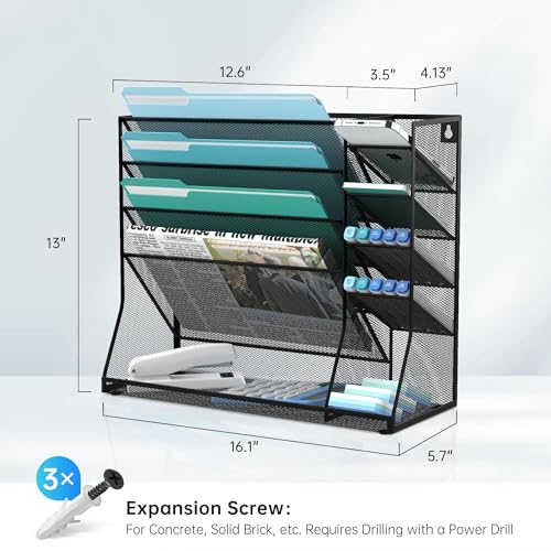 Wall File Organizer, 5-Tier Wall Organizer for Office with 4 Pen Slots, Vertical Hanging File Folder Holder with R-shaped Bottom Tray, Mesh Mail Holder Desk Organization for Workspace, Black - color: Black