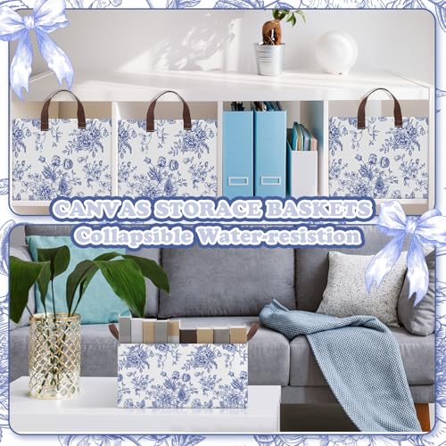 Boao 3 Pcs Blue Floral Storage Bin Wildflowers Collapsible Large Storage Baskets for Gifts Canvas Laundry Basket Foldable Box with Handle for Office Home Bedroom Clothes - style: Blue Flowers