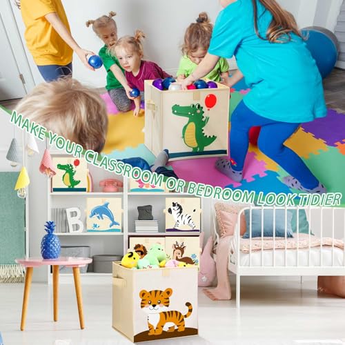 Kigley 6 Pcs Collapsible Cube Storage Bins Kids Foldable Storage Cube Organizer Fabric Toy Box Decorative Kids with Handles for Home Nursery Bedroom, 10.6 x 10.6 Inch(Vivid Animal) - style: Vivid Animal