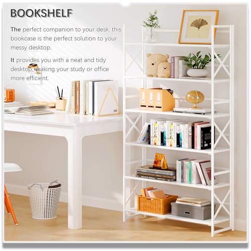 4NM Extra Wide 6 Tiers No Assembly Book Shelves, 61.8" H Folding Bookshelf Bookcase Open Industrial Foldable Shelves for Bedroom, Living Room, Home Office - All White - color: All White, size: Wide XX 6-Tier