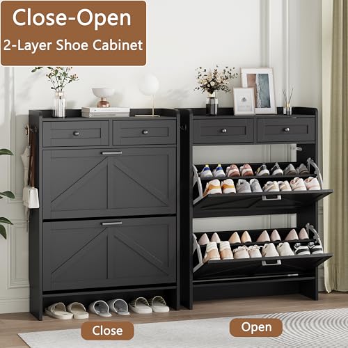 Shoe Cabinet with 2 Flip Drawers & 2 Top Drawers, 43" Tall Freestanding Narrow Wooden Shoe Storage Organizer for Entryway, Hidden Slim Shoe Rack for Front Door Entrance, Hallway, Living Room, Black - color: Black, size: 2 Flip Drawers