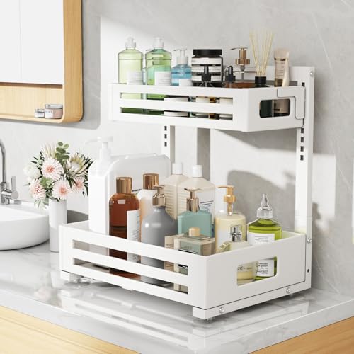 1 Pack Under Sink Organizer,Pull Out Cabinet Organizer with Smooth Cylindrical Rail,Metal Slide Out Drawer for Kitchen Bathroom Laundry Cabinet,8-Level Tool Free Height Adjustable-White - color: White, size: 1 Pack-15"Dx9.5"-16.7"H