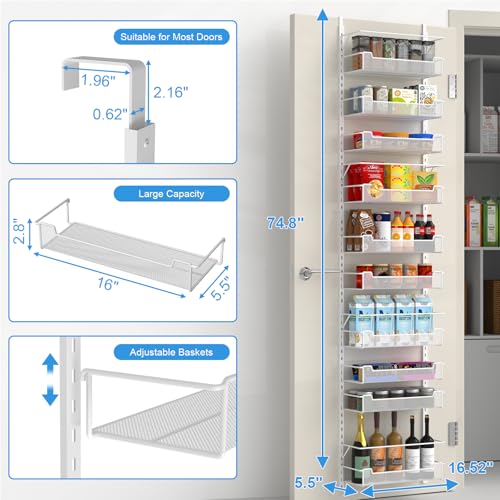 VyGrow Over the Door Pantry Organizer, 10-Tier Over the Door Organizer with Adjustable Basket, Pantry Door Organization for Pantry Kitchen Storage Room Spice Rack, White - color: White, size: 16.5"W 10-Tier
