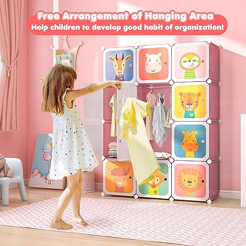 Costzon Kids Closet, Cartoon DIY Modular Dresser Storage Organizer with 12 Cubes & 2 Clothes Hanging Rack, Portable Armoire for Baby Toddlers, Kids Wardrobe for Bedroom Nursery (Pink) - color: Pink, size: 12 Cubes