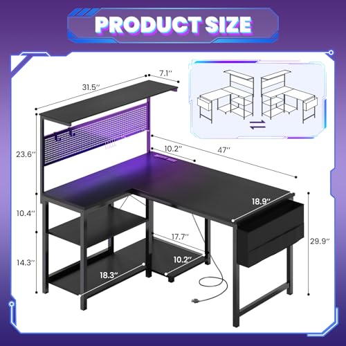 Apicizon L Shaped Desk Gaming Desk with LED Light & Power Outlet, 47 Inch Reversible Computer Desk with Pegboard & Shelf & Storage Bag for Home Office, Black - color: Black, size: 48 in