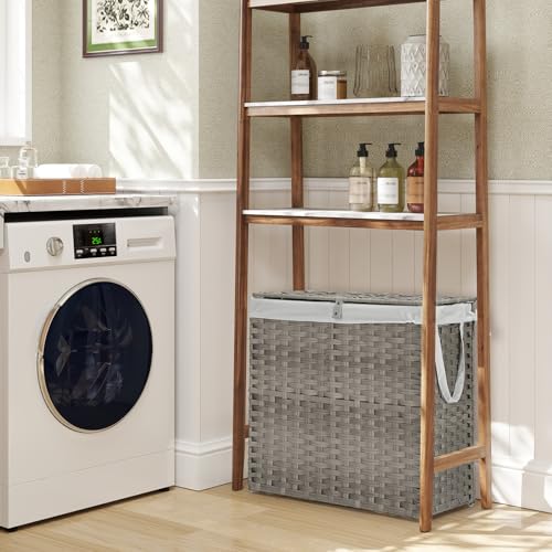 DUMOS Wicker Laundry Basket with Lid, 110L Woven Laundry Hamper with Handles, Foldable Rattan Clothes Hamper with Removable Liner & Sturdy Steel Frame, Dove Gray - color: Dove Gray, size: 110L