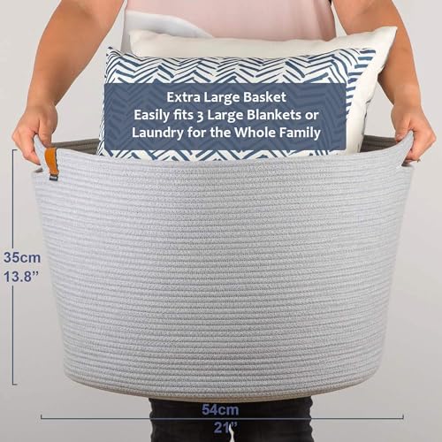 DENJA & CO Extra Large Woven Basket for Storage | Organize Pillows, Toys, and Laundry | Cotton Rope Storage Basket for Blankets, Towels and Nursery Storage | Light Gray (21 inches x 13.8 inches) - color: Light Grey, size: Extra Large (21"W x 13.8"H)