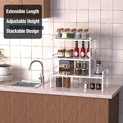 Expandable Kitchen Cabinet Storage Shelf, Stackable Metal Pantry Storage Shelves Organizer, Adjustable Height Counter Spice Rack for Kitchen Cabinet, Countertop, Pantry and Office - color: White-1pack, size: Large - L16.5-27'' * W10.2'' * H9.6''