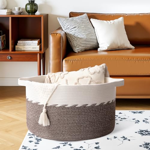 OIAHOMY 105L Blanket Basket for Living Room, Large Basket 23.6" x 23.6" x 14.6" with Handle, Laundry Hamper for Blankets, Pillows, Toy Storage for Kids, Dogs - Brown & White - color: Brown & White, size: 23.6" x 23.6" x 14.6"
