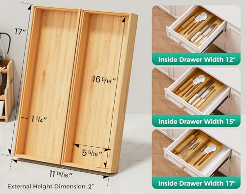 Long Bamboo Kitchen Drawer Organizer Boxes – 17" x 6" Stackable Wood Silverware Utensil Tray for Drawers Bins Cutlery & Flatware Storage – Wooden Pantry Organizers Set of 2 for Junk Drawer Bathroom Rv - size: 17" x 6" x 2"