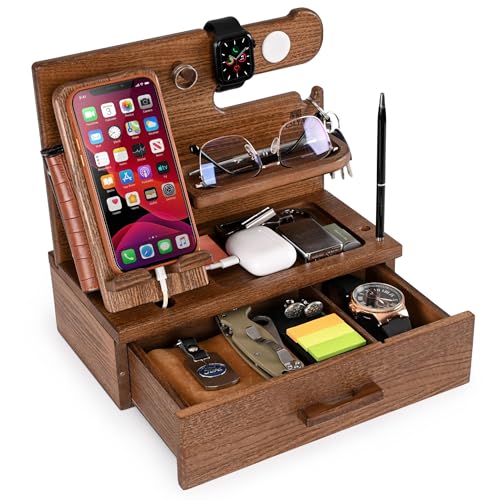 TESLYAR Wood Phone Docking Station with Drawer - Nightstand Organizer - Desk Organizer for Husband - Birthday Gifts for Men, Dad, Anniversary Idea, Key Holder Stand Watch & Accessories (Earth Beige) - color: Earth Beige