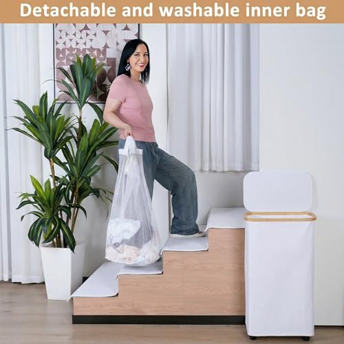 Laundry Basket with Wheels, 75L Clothes Hamper for Laundry, Laundry Hamper with Lid and Inner Bag, for Laundry Room, Bedroom, Dormitory Storage,White - color: White, size: 75L