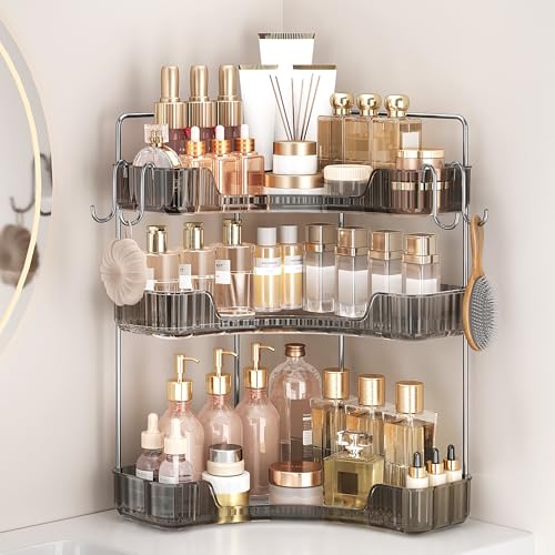 3-Tier Corner Organizer with Hooks, Gray PET Counter Storage | Multi-Purpose for Bathroom Skincare & Kitchen Organization - color: Grey, size: 3 Tier