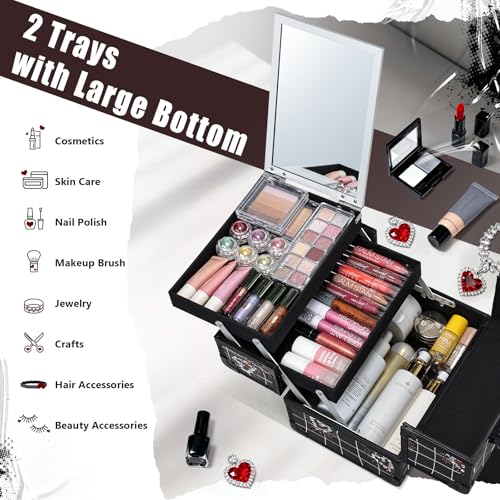 Joligrace Makeup Train Case Portable Makeup Case Organizer 2 Trays Cosmetic Box Storage with Mirror Lockable with Key for Cosmetics Nail Tech Traveling Makeup Travel Box Punk Love Hearts - color: Red Black