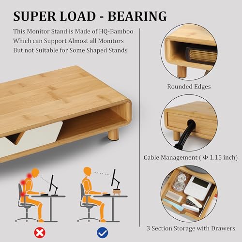 Homerays Monitor Stand with Drawer, Exquisite Computer Monitor Stand for Desk, Ergonomic Wood Monitor Stand Riser for Computer,Laptop,Printer,TV,Bamboo,White - color: Upgraded White