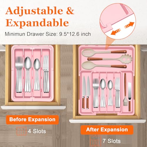 Spaclear Silverware Organizer - Expandable Silverware Drawer Organizer, Adjustable Drawer Organizer, Silverware Tray for Drawer 15.2"x 19" Utensil Drawer Organizer, Kitchen Organizers Storage, Pink - color: Pink, size: M(9.5-15.2"w x 12.6-19"d)