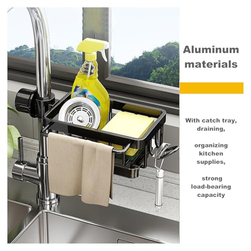 Sink Organizer Rack for Kitchen and Bathroom, 2025 New Stainless Steel Detachable Hanging Faucet Drain Rack with Drip Tray Faucet Sponge Holder for Bathroom (Black, Right) - size: Right