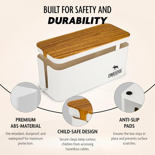 DMoose Cable Management Box - 2 Pack Medium & Large Cord Organizer for Desk & Floor, Cable Organizer Box for Child & Pet - Cable Box Hider for Tidy Office & Home (Wood Print Lid, White Box, Pack of 2) - color: Pack of 2 - Wooden Print
