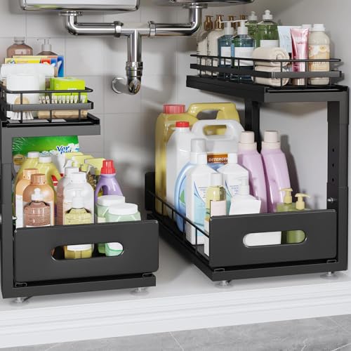 Under Sink Organizer Upgrade To Professional Rails,2-Tier Dual Pull Out Cabinet Storage,Height Adjustable Slide Out Drawers For Bathroom Kitchen,2 Pack-16.7"Dx12.8"-16.9"H,Black - color: Black, size: 2 Pack-16.7"Dx12.8"-16.9"H