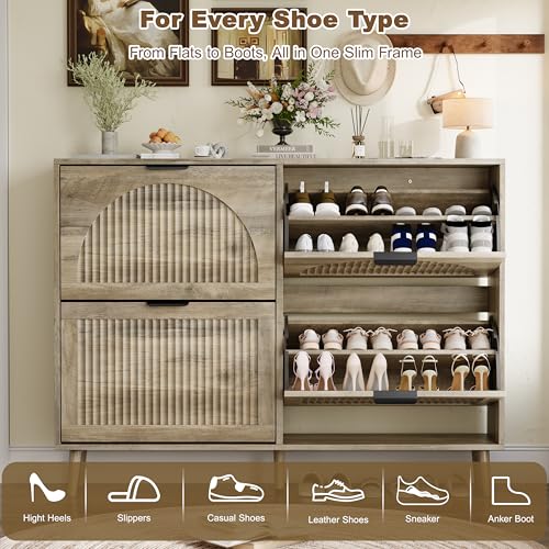 Shoe Storage Cabinet with 4 Flip Drawers, Narrow Wood Shoe Organizer Cabinet with Fluted Panel, Slim Shoe Rack for Entryway, Freestanding Shoe Cabinet for Living Room, Hallway, Grey - color: Grey, size: 4-Drawers