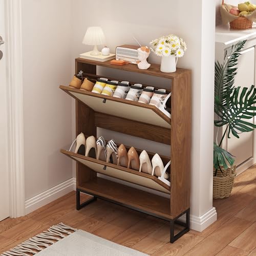 Narrow Slim Shoe Storage Cabinet with Flip Drawer, 25.6" W Hidden Shoe Cabinet for entryway, Linen Decor Shoe Organizer with Metal Base for Small Space (Walnut, 2-Drawer-No Divider) - color: Linen-walnut, size: 2-Drawer-No Divider