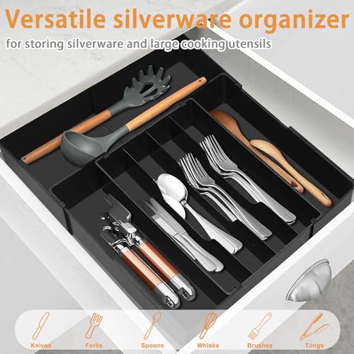 Homecor Silverware Organizer - Expandable Kitchen Drawer Organizer, 3" High Utensil Holder, BPA Free Flatware and Cutlery Tray for Spoons Forks Knives, Plastic Kitchen Organizer and Storage, Black - color: Black, size: Large(10.2-17.2'"W x 13.2-17.9"D)