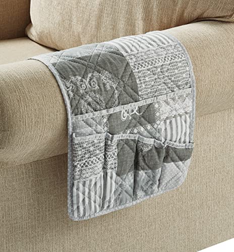 Brilliant Sunshine Grey Floral Patchwork Sofa Armrest 5 Pockets Organizer, Slip Resistant Recliner Armchair Caddy, Washable Remote Controls Holder, Storage for Magazine, Tablet, iPad, 35×13", Grey - color: Light Grey