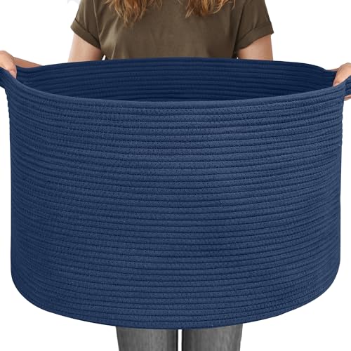 MEGASKET 115L Dark Blue Basket for Organizing, 23.6" x 15.7" XXXL Woven Cotton Rope Laundry Basket, Oversized Blanket Storage for Living Room Bedroom, Kids Toy Box Organizer, Pool Towel Storage Bin - color: Dark Blue, size: 23.6"x23.6"x15.7"