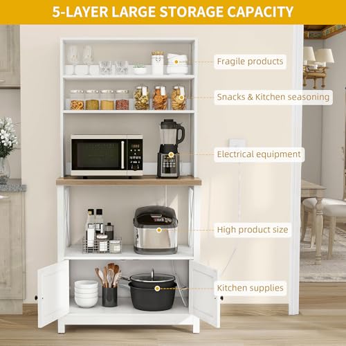 DWVO White Baker Rack with Power Outlet and Storage, Farmhouse Microwave Stand with Door for Kitchen, 5-Tiers Tall Coffee Bar Station Cabinet Thickened Counter with Hutch Shelves - color: White, size: 31.5''W