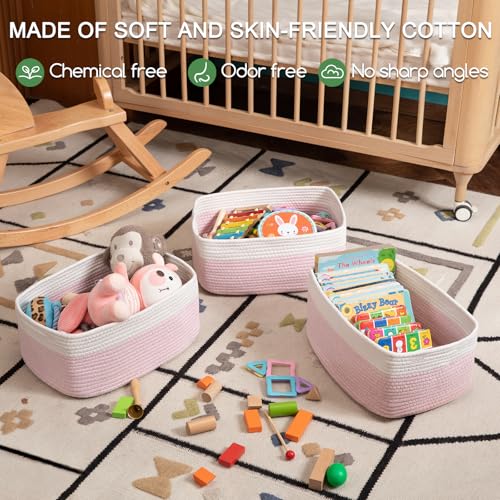 OIASKET Storage Baskets for Organizing 3 Pack, Woven Baskets for Shelves, Closet Organizer Bins Empty Gift Basket Toy Storage for Toys, Books, Towels, Clothes, 15"x11.42"x6.7", Pink - color: Pink