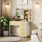 Garvee Vanity Desk with Square Mirror, 35.4” Makeup Vanity Table with Shelves, 4 Fabric Drawers Storage, Modern Dressing Table for Bedroom, Gift for Girls