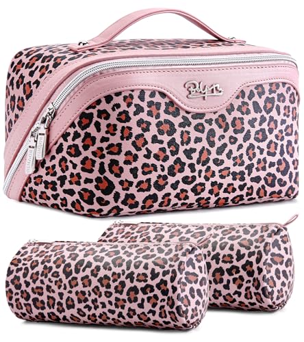 Travel Makeup Bags Organizer for Women: 3 Pcs Set Cosmetic Bag - Large Make up Bag with Compartments - Flat Open Waterproof Leather Toiletry Bags for Skincare, Brushes & Travel Essentials - Pink - color: 03-Pink