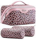 Travel Makeup Bags Organizer for Women: 3 Pcs Set Cosmetic Bag - Large Make up Bag with Compartments - Flat Open Waterproof Leather Toiletry Bags for Skincare, Brushes & Travel Essentials - Pink - color: 03-Pink