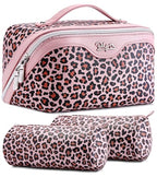 Travel Makeup Bags Organizer for Women: 3 Pcs Set Cosmetic Bag - Large Make up Bag with Compartments - Flat Open Waterproof Leather Toiletry Bags for Skincare, Brushes & Travel Essentials - Pink - color: 03-Pink