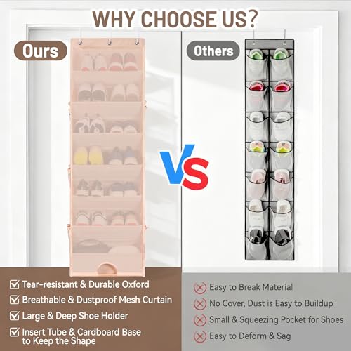 7 Tier Over The Door Shoe Organizer, Hanging Shoe Rack for Closet with Dustproof Mesh Curtain & 6 Side Pockets, Behind The Door Narrow Shoe Holder Hanger for Sneakers, Boots (Beige) - color: Beige