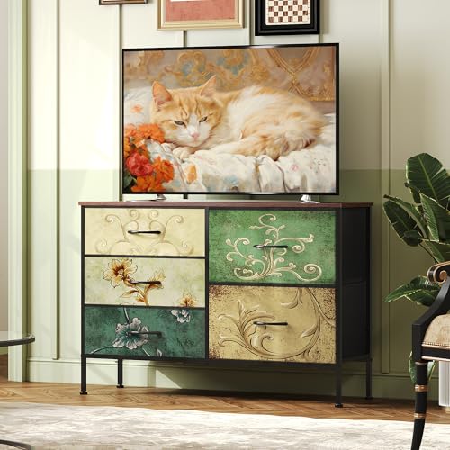WLIVE Dresser for Bedroom with 5 Drawers, Wide Chest of Drawers for Bedroom, Fabric Dresser for Living Room, Closet, Hallway, Floral Painted - color: Floral Painted