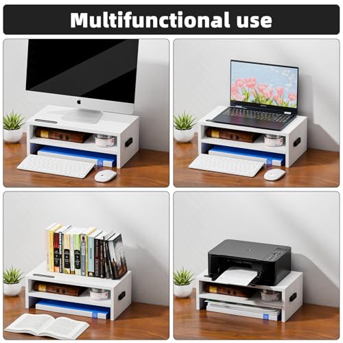 Marbrasse Monitor Stand Riser, 16.5 Inch 2 Tier Computer Printer Shelf Stand for Laptop Computer Screen Storage, Desktop Stand with Phone Holder and Cable Management (White) - color: White