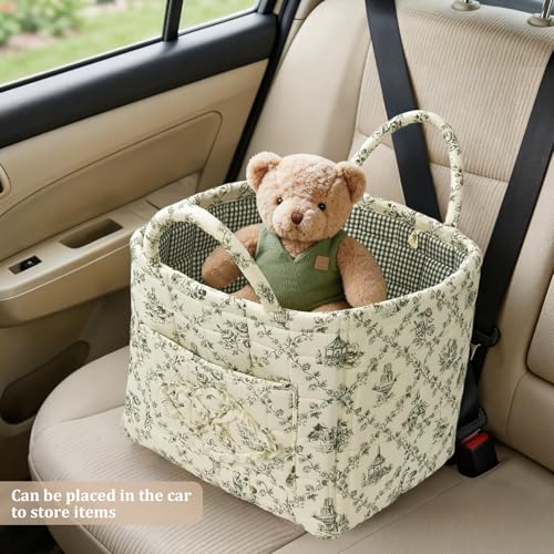 Floral Fabric Storage Basket Car Interior Storage Basket Underwear Sundries Laundry Baskets Supplies Home Organizer Bag (Green) - color: green 1