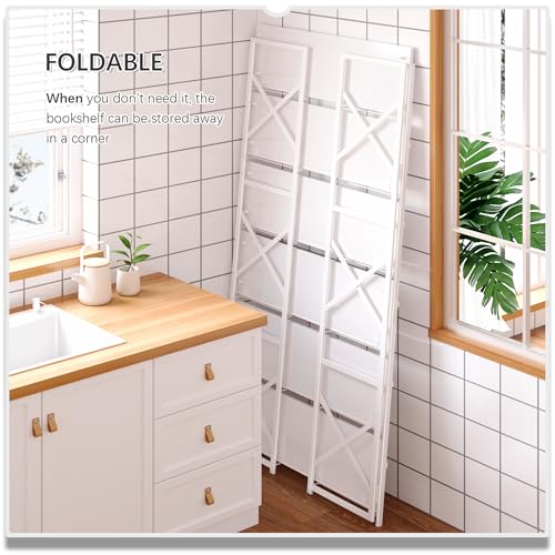 4NM Extra Wide 6 Tiers No Assembly Book Shelves, 61.8" H Folding Bookshelf Bookcase Open Industrial Foldable Shelves for Bedroom, Living Room, Home Office - All White - color: All White, size: Wide XX 6-Tier