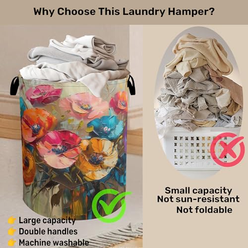 Modern Floral Oil Painting Laundry Basket - Heavy Duty 60L Dirty Clothes Organizer, Water Resistant Foldable Hamper for Men Women - color: Modern Floral Oil Painting