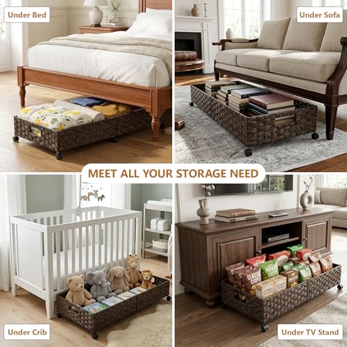 2 Pack Under Bed Storage with Wheels, 40L Large Under Bed Storage Containers with Handwoven Rattan , Rolling Underbed Organizer Bins Drawers for Clothes, Shoes, Blankets, Brown(31.5 x 15.75 x 6.3 In) - style: 2 Pack(A-Brown)