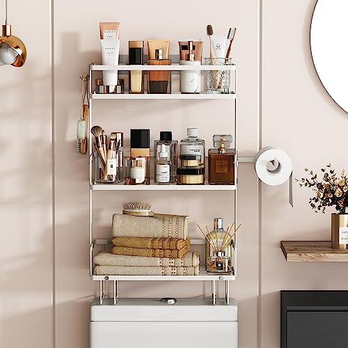 Godboat Bathroom Organizers and Storage, 3-Tier Over The Toilet Storage, Wall Shelf with Paper Holder and 2 Hooks, No Drilling Cool Decor and Home Decor, Gifts for Women, Mom, Mothers Day (White) - color: White, size: 3-Tier