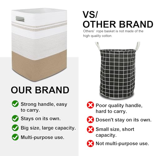 80L Large Cotton Rope Laundry Basket for Bedroom & Laundry Room, Tall Clothes Hamper with Sturdy Handles, Neutral Storage Bin Capable of Holding Blankets and Toys - color: Jute & White, size: 80L