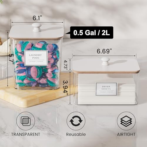 Laundry Pods Storage Container, Clear Laundry Room Organization and Storage,Detergent Powder Container,with Wooden Lids & Labels, 3+1 Pack（White） - style: 3+1-White